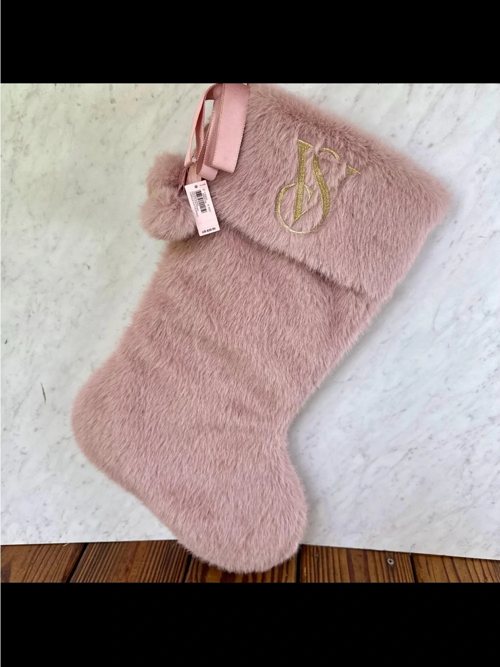 Victoria's Secret BIG Plush Faux Fur Christmas Stocking in blush pink/mauve NWT
